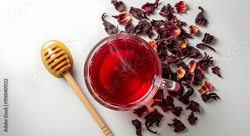 Celebrating Tea Day with a soothing cup of herbal hibiscus tea and honey on a serene table setting