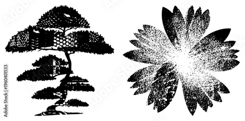 Black silhouette bonsai tree with textured foliage, paired with radial halftone flower bloom, both vector graphics with transparent backgrounds.