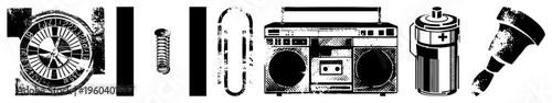 Grungy vector of classic tech and tools roulette wheel, coiled spring, U bolt, boombox, battery, marker. Retro industrial aesthetic, distressed texture, isolated elements.