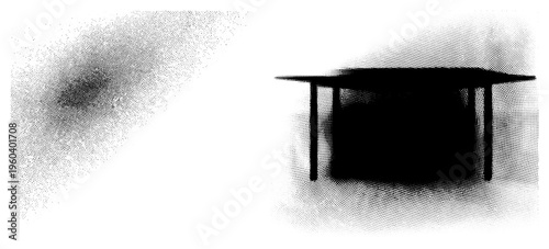 Black table silhouette rendered in halftone dots, isolated on transparent background, graphic design element, vector art, geometric form, minimalist composition, dotted texture.