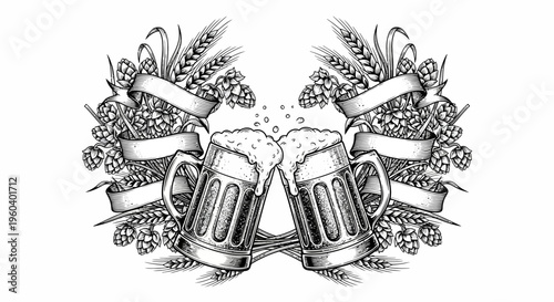 Two Beer Mugs Clinking with Hops and Wheat Wreath - Celebration Toast