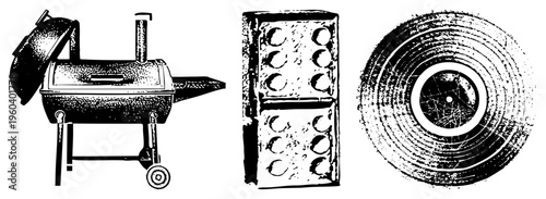 Classic charcoal grill with lid, with circular pips, vinyl record with grooves, retro black and white vector illustrations.