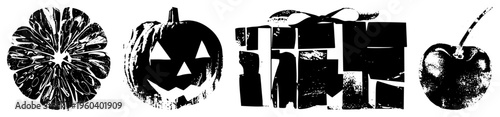 Stylized black and white Halloween symbols including jack o’ lantern, gift box, cherry, and flower, rendered in halftone texture, ideal for spooky or festive design projects.