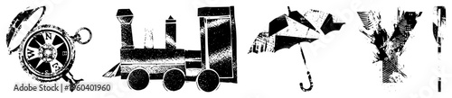 Retro compass, locomotive, open umbrella, stylized letter Y, halftone vector, graphic design elements, illustrations.