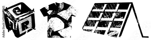 Abstract typography rendered as 3D blocks, t shirt silhouettes, and grid structures, using halftone textures and bold for modern visual impact.