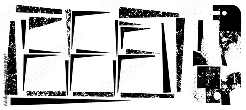 Fragmented angular forms, distressed vector art, graphic design elements, stylized composition, abstract, digital illustration, textured geometry.