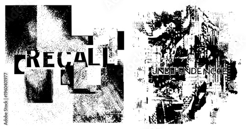 Graphic text art featuring “RECALL” and “INDEPENDENCE” in fragmented halftone style, abstract composition, black and white vector design, gritty texture, typographic poster, stencil effect.