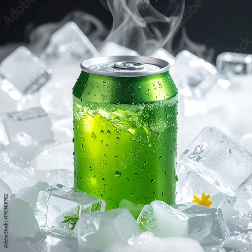 A refreshing green soda can surrounded by melting ice cubes