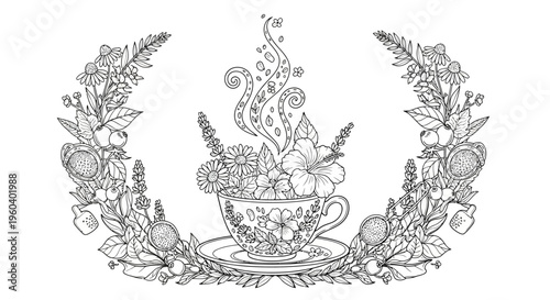 Whimsical Floral Tea Cup with Steam and Botanical Wreath