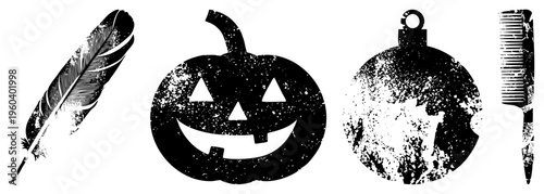 Grungy black silhouettes of feather, jack o lantern, ornament, comb isolated vector with speckled texture, perfect for spooky or festive design projects.