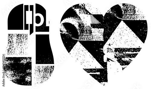 Bold graphic design featuring fragmented geometric forms, halftone dot, aesthetic, stylized vector art, modern typographic elements.