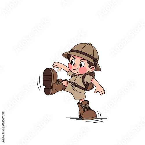 Cute Boy Explorer Character Stomping Foot Cartoon Illustration For Kids