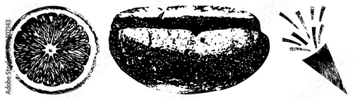 Black and white illustrated citrus section, roasted coffee bean, and directional arrow, vintage halftone texture, graphic design elements, isolated vector art.