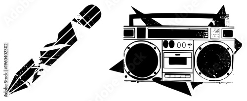 Vintage boombox with speakers and cassette deck, missile with fins and grid, black and white stencil style, isolated graphic elements, 80s nostalgia design.