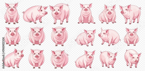 Collection of cute pink pigs in various poses on a transparent background, cartoon style illustration.