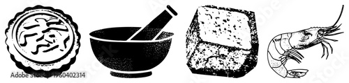 culinary symbols including mooncake with intricate, mortar and pestle, textured tofu block, and detailed shrimp illustration, all in halftone vector style.