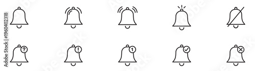 Bell notification icon set. Alarm bell icon set for notification and reminder. Alarm symbol. Reminder icon of ringing bells, sign for incoming inbox messages.