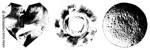 Three stylized halftone forms heart, circular gear, and speckled disc, rendered in black and white vector art, graphic design elements, isolated foreground.