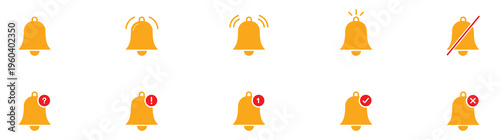 Bell notification icon set. Alarm bell icon set for notification and reminder. Alarm symbol. Reminder icon of ringing bells, sign for incoming inbox messages.