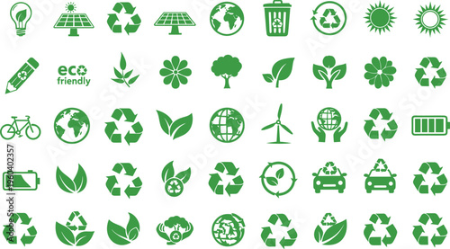 Eco friendly icons vector illustration, sustainability design, renewable energy symbols, recycling artwork, green lifestyle conservation environment graphics