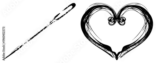 Black ink sketch of sewing and stylized heart, artistic art, textile craft symbol, romantic motif, vector illustration.