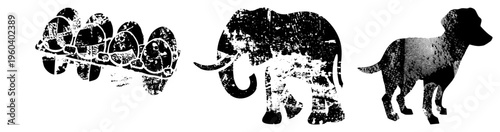 Distressed halftone animal shapes dog, elephant, egg carton rendered in gritty black and white vector style with textured noise, ideal for graphic design and print.