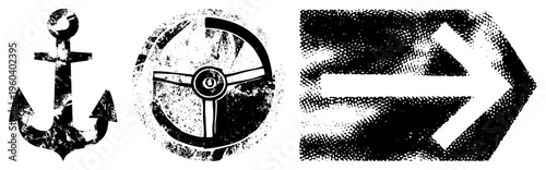 Vintage maritime symbols rendered in halftone texture, nautical anchor, ship steering wheel, directional arrow, graphic, vector art, black and white.