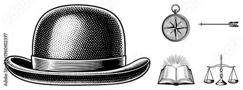 Classic bowler hat with halftone shading, accompanied by compass, arrow, open book with rays, and justice scales vintage vector,, symbolic, stylized.