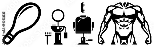 Vector including barber chair, comb, mirror, chicken leg, and stylized muscular torso with tribal chest tattoo.