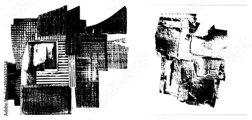 Stylized black and white vector art featuring layered geometric shapes with halftone textures, abstract design, graphic composition, modern art, printmaking aesthetic.