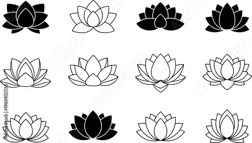 Black silhouette vector illustration of lotus flower icons, spiritual nature symbols, decorative artwork, meditation design set collection
