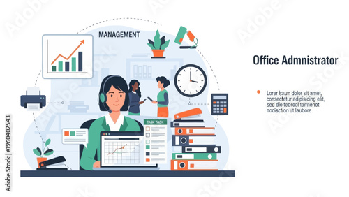 Efficient Office Administrator Working at Desk with Data Analysis Tools