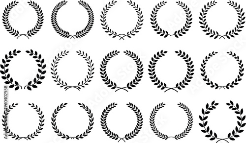 Black silhouette vector illustration of laurel wreath icons, victory honor symbols, achievement award emblems, decorative artwork design set