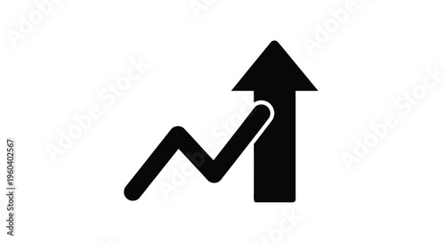 Black upward trending arrow graph icon in minimalist style with bold lines on white background for business finance isolated on white background