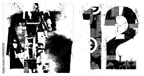 Abstract typographic numeral twelve with gritty halftone textures, urban stencil style, vector art, graphic design element, isolated typography.
