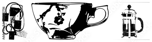 Classic tea infuser with leaves, decorative teacup with motif, French press coffee maker, retro kitchenware, beverage prep tools, stylized vector art.