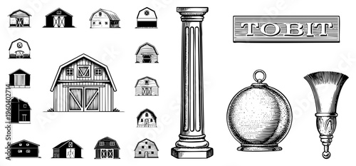 Collection of rustic barn illustrations, classical column, engraved plaque, ornate lamp, and spherical vessel all rendered in detailed art, ideal for graphic design or historical themes.