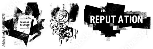 Graphic designs featuring text like " SEUNNOR" and "REPUTATION" with distressed halftone textures and layered abstract shapes, ideal for branding or use.