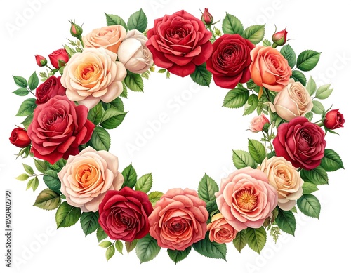 An oval-shaped floral arrangement of roses in various shades of red, pink, and cream, encircled by green leaves