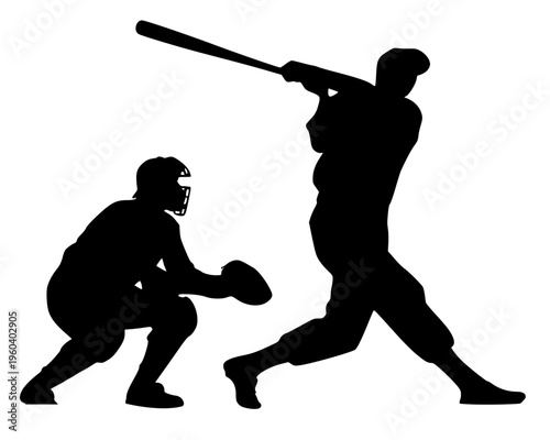 Minimalist vector silhouette of a baseball batter swinging at a pitch with the catcher positioned behind. This high-contrast black illustration captures the peak action of the game.