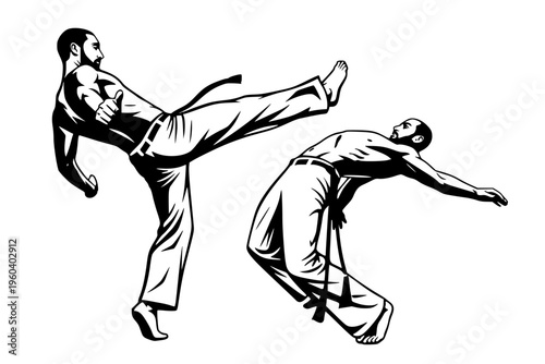 Minimalist vector illustration of two men practicing Capoeira. This high-contrast design captures a dynamic kick and dodge maneuver, featuring traditional cord belts and athletic poses.