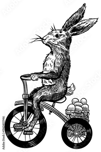 Easter bunny riding tricycle with egg basket, detailed vintage crosshatch ink illustration, whimsical rabbit on bike delivering eggs, engraving style isolated on background