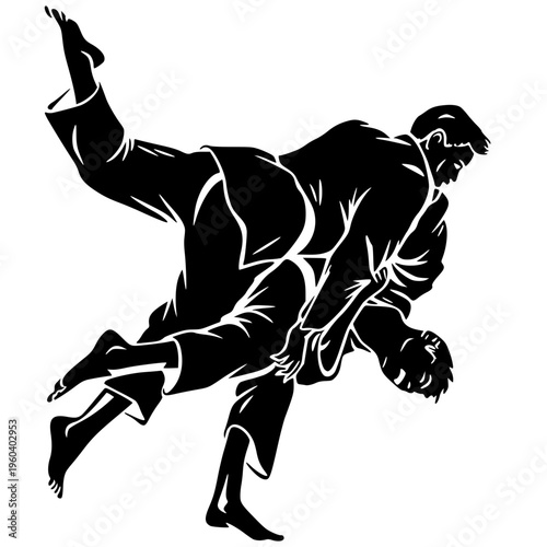 Judo throw technique silhouette, athlete executing powerful hip toss lifting opponent airborne, dynamic martial arts bold black illustration isolated on background