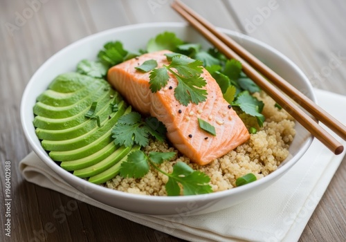 Delicious salmon sushi bowl with avocado and quinoa
