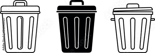 Black silhouette vector illustration of trash can icons, waste bin symbols, deletion artwork, garbage disposal design set collection