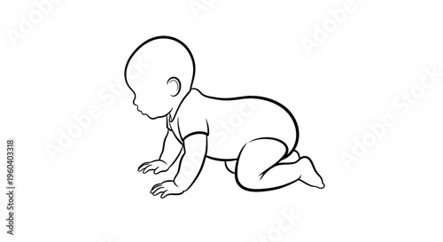 Simple line art illustration of a baby beginning to crawl, depicting early childhood milestones and motor skill development