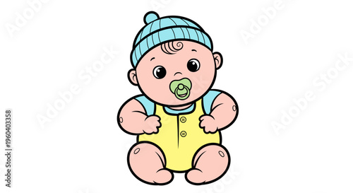 Delightful illustration of a cheerful baby wearing a cute blue hat and yellow overalls, with a green pacifier, symbolizing new beginnings and the sweetness of childhood