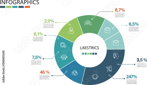 Circular data infographic vector with percentage segments and business analytics icons for visualization dashboards reports presentations and corporate analysis