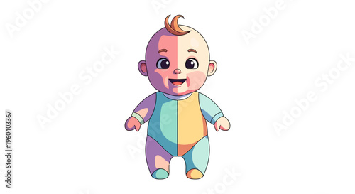 Cute baby illustration with rosy cheeks and a cheerful expression, wearing a colorful bodysuit, perfect for baby-themed designs and products