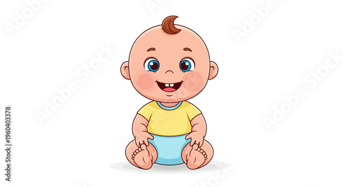 Adorable cartoon baby joyfully smiling and sitting, portraying innocent childhood happiness and a sweet, cheerful expression in vibrant illustration